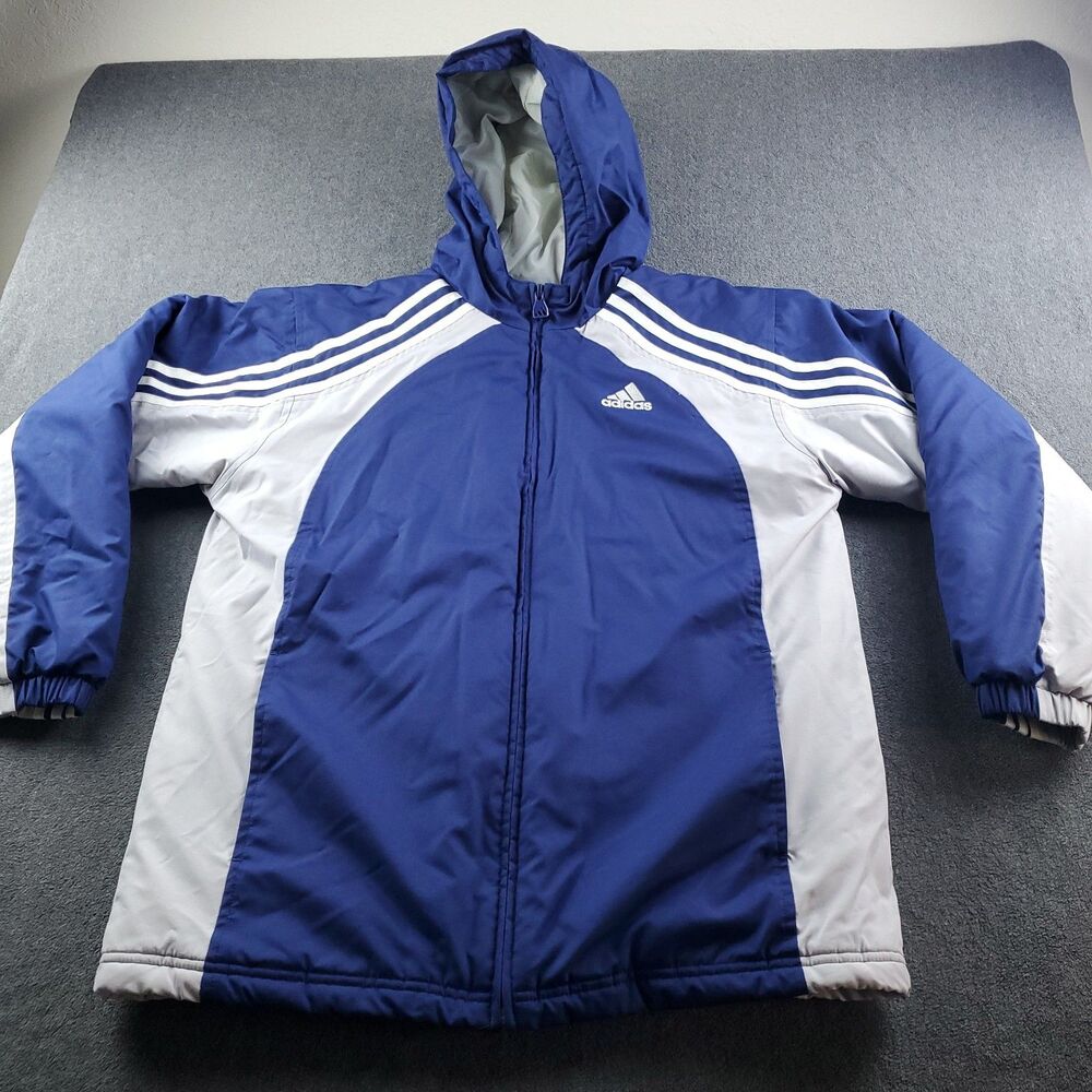 Vintage Adidas Hoodie Jacket Mens Large Blue/White  Quilted Puffer